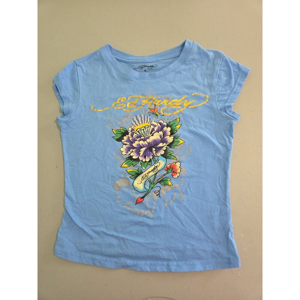 Ed Hardy Diamond Flower Power Blue Cap Sleeve Crop T-Shirt small